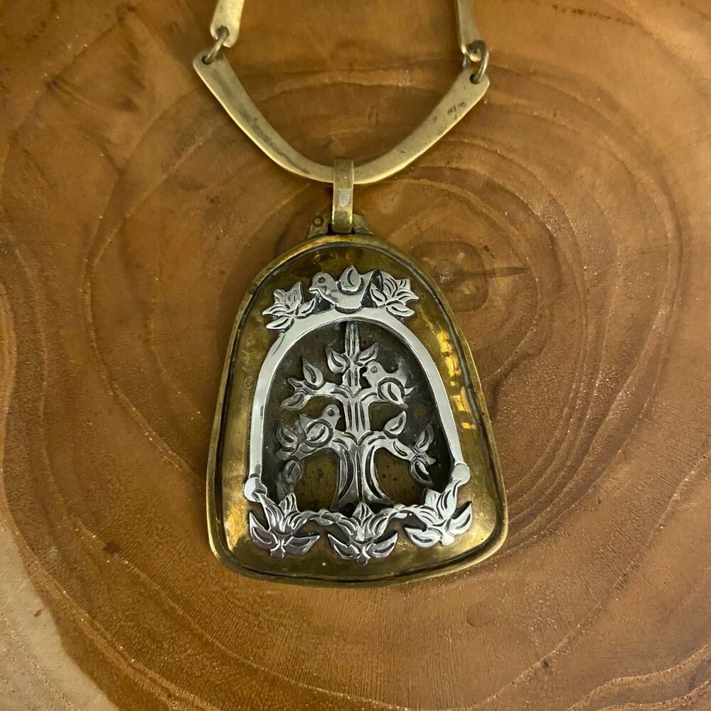 RETIRED Jeep Collins Tree of Life Shadowbox Necklace, Brass, 20"